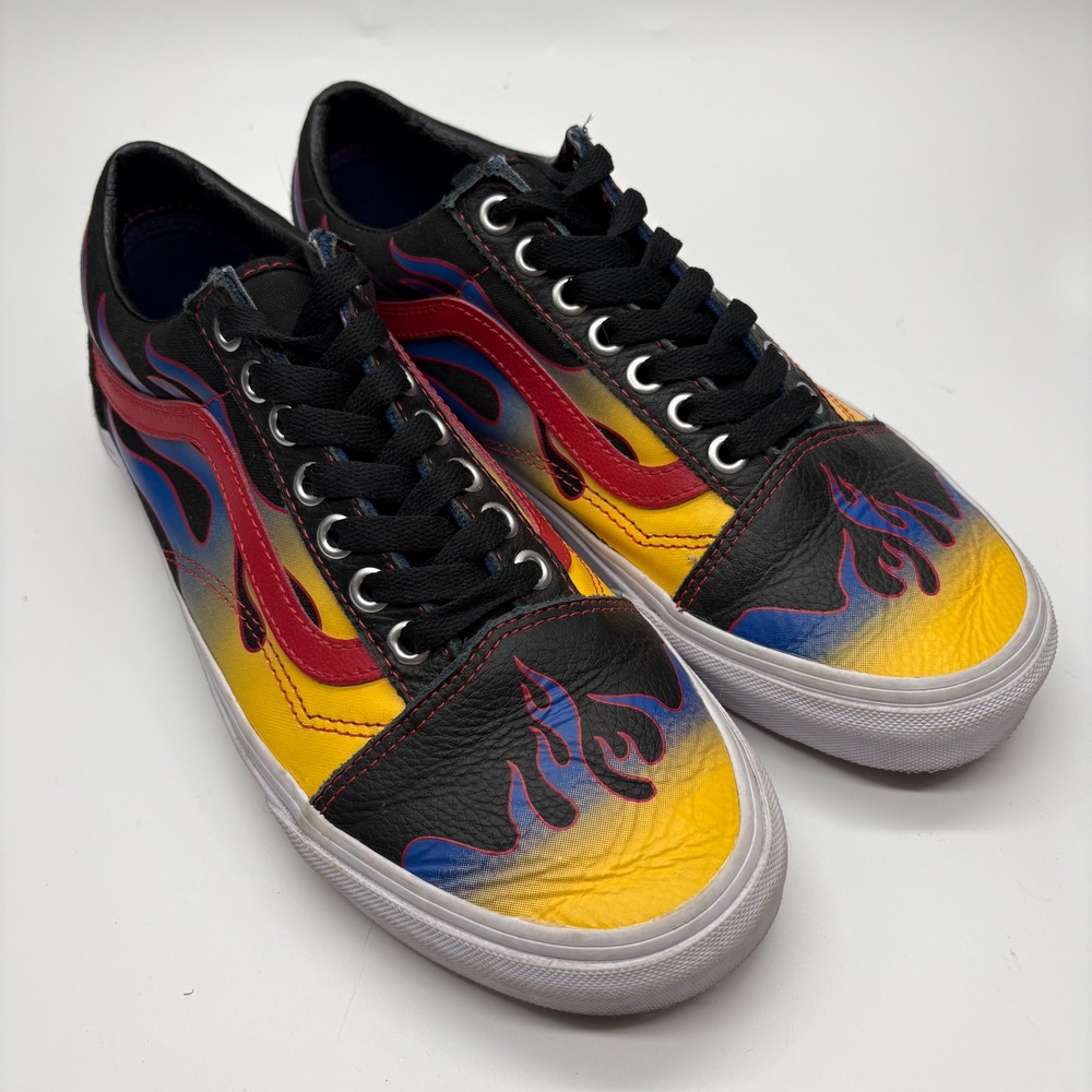 Vans Old Skool Flame Black Red Yellow Blue Leather Canvas Skate Shoes M 6.5 W 8